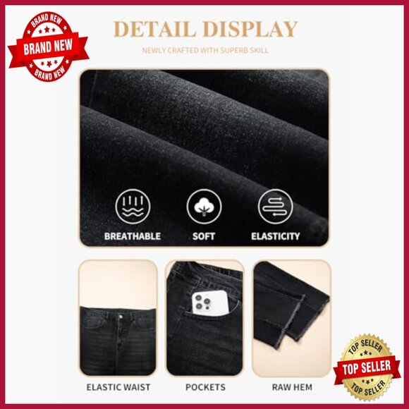 Plus Size Wide Leg Jeans Elastic High Waist Stretchy Raw Hem Denim Pants - Picture 5 of 7